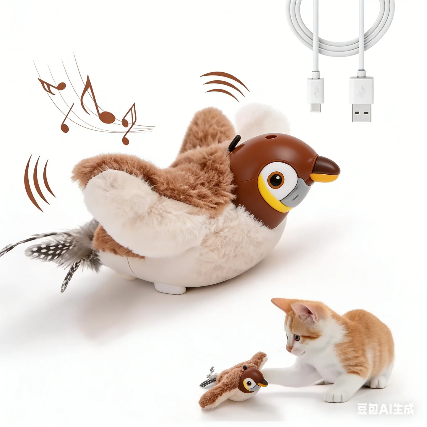 Touch Activated Toy Pet Hot Simulated Vocalize Plush Bird Cat Toy Interactive Dog Rechargeable Chirping Flapping Bird(no Flying)