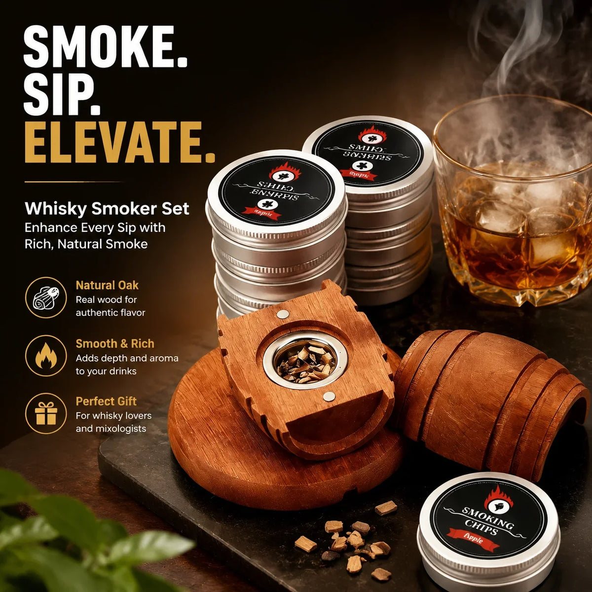 Whiskey Smoker Kit With 4 Flavors Wood Chips Wooden Barrel Design Infuser For Old Fashioned Bourbon Perfect Holiday Gift For Men