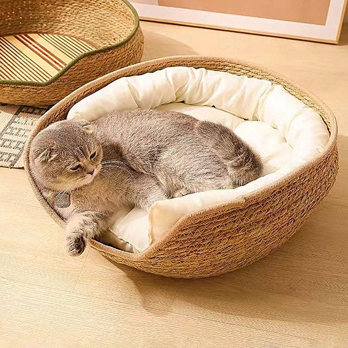 Cat Basket Bed Cotton Rope Round Bed for Cat Sleep with Pillow All Season Indoor Weaving Pet Resting Scratching Sleeping