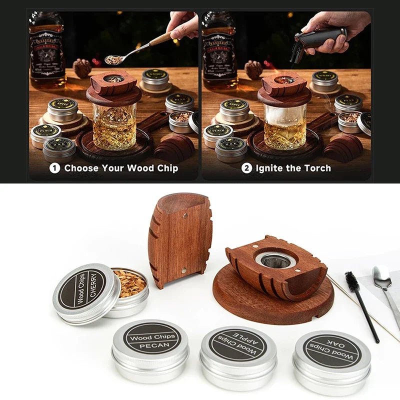 Whiskey Smoker Kit With 4 Flavors Wood Chips Wooden Barrel Design Infuser For Old Fashioned Bourbon Perfect Holiday Gift For Men