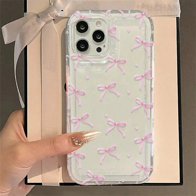 Cute Pink Heart Bow Clear Phone Case – Soft TPU, Shockproof & Lightweight | iPhone 11 to 17 Pro Max, Air, Mini, 16E