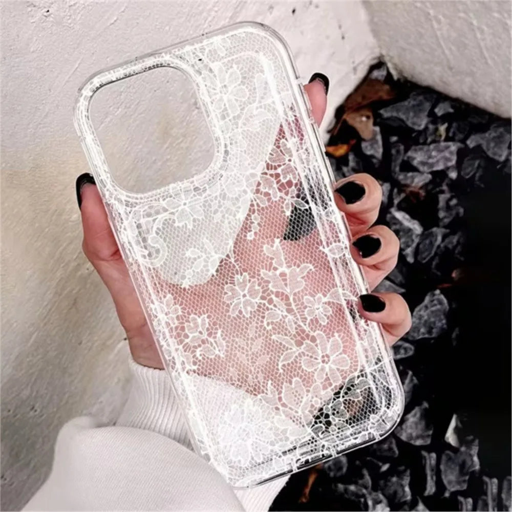 Elegant White Lace Pattern Clear Phone Case – Soft & Shockproof | iPhone 7 to 17 Pro Max, Air, SE, 16E
