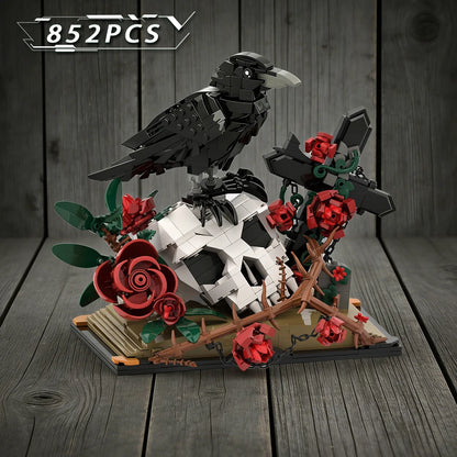 Raven Skull Roses Flower Building Blocks Set , Skull Planter Botanical CollectionKit for Adult, Gift for Christmas, GothicHorror