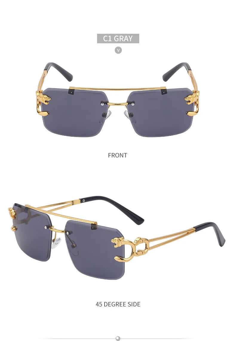 Fashion Metal Leopard Rimless Sunglasses – UV400 Double Bridge Gradient Shades for Men & Women