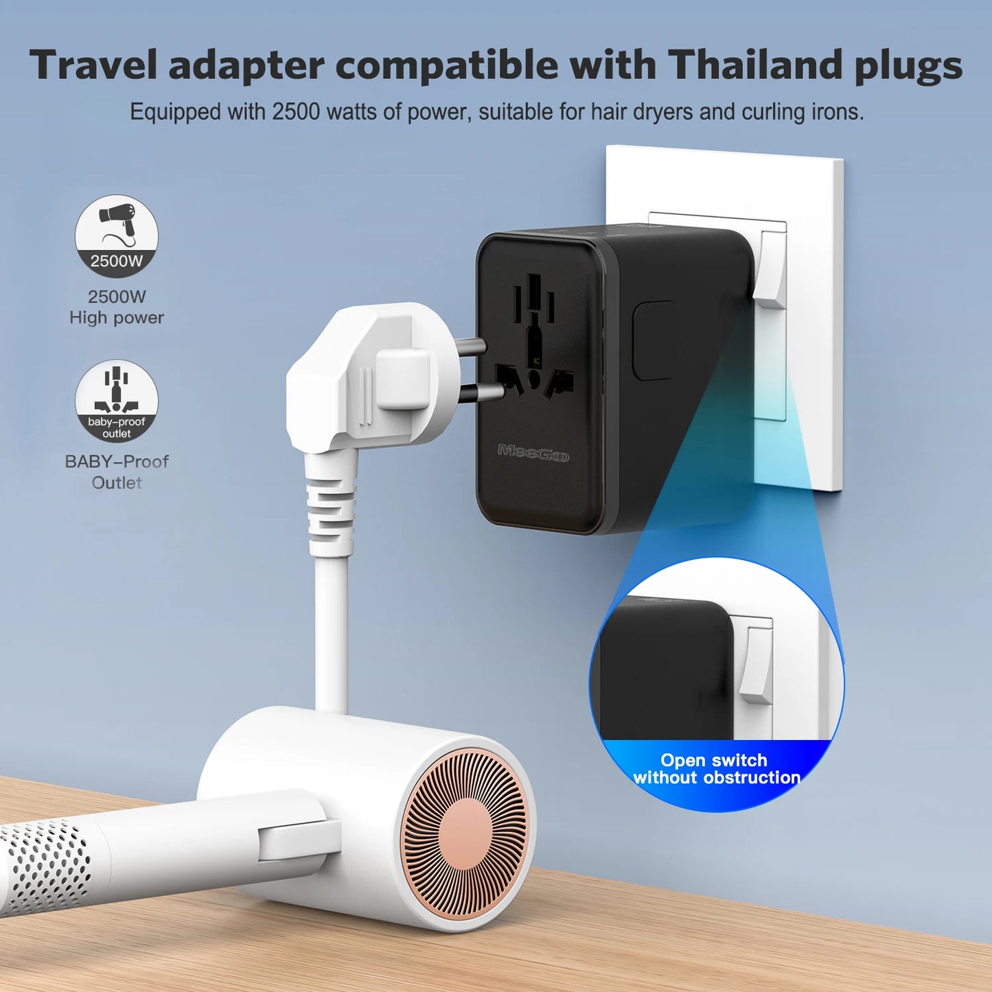 MeeGoo GaN Universal Travel Adapter | 4 Ports | 2500W | EU US JP AU