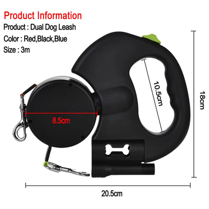 Retractable Dual Dog Leash with LED Lights – 3M Reflective No-Tangle Leash for Small Dogs & Cats