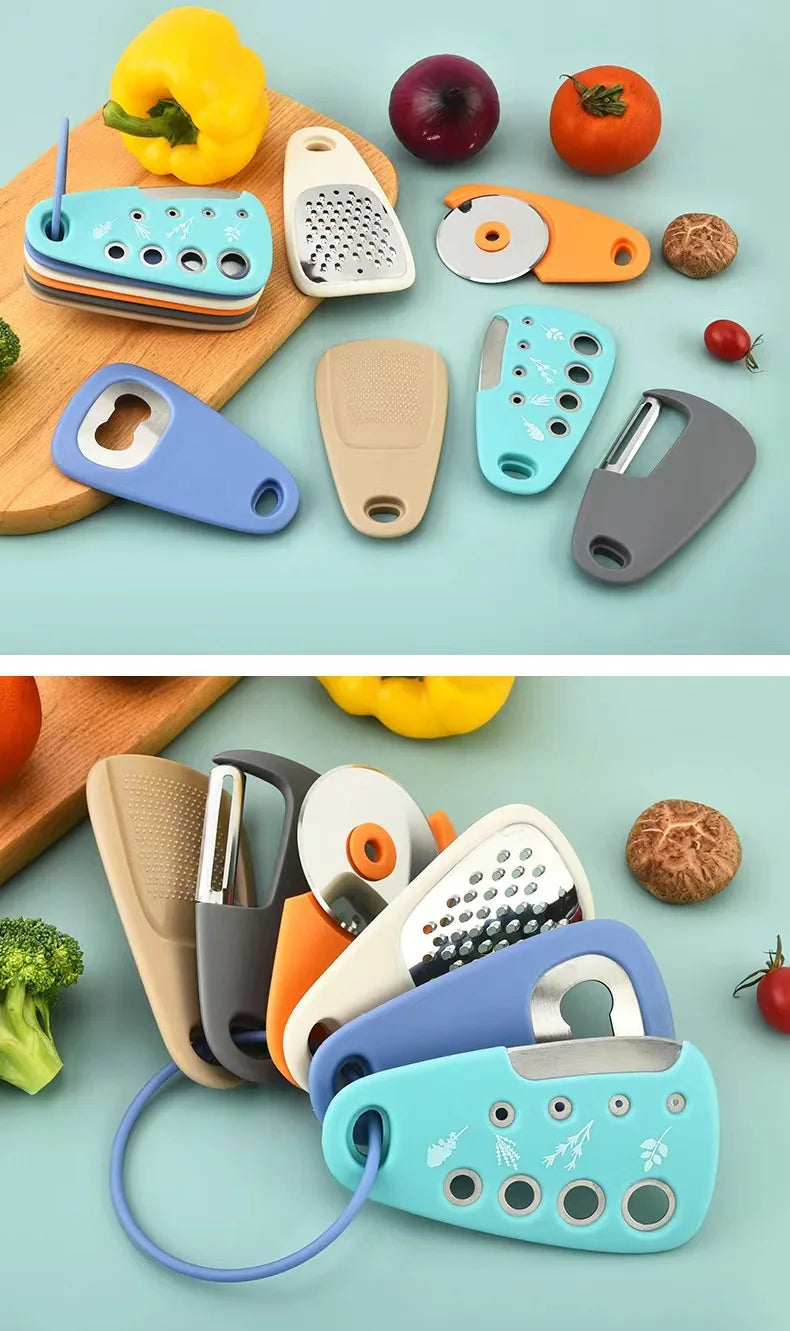 Kitchen Gadget Set – 6-Piece Pizza Knife, Vanilla Cutter, Bottle Opener, Shredder & Garlic Grinder