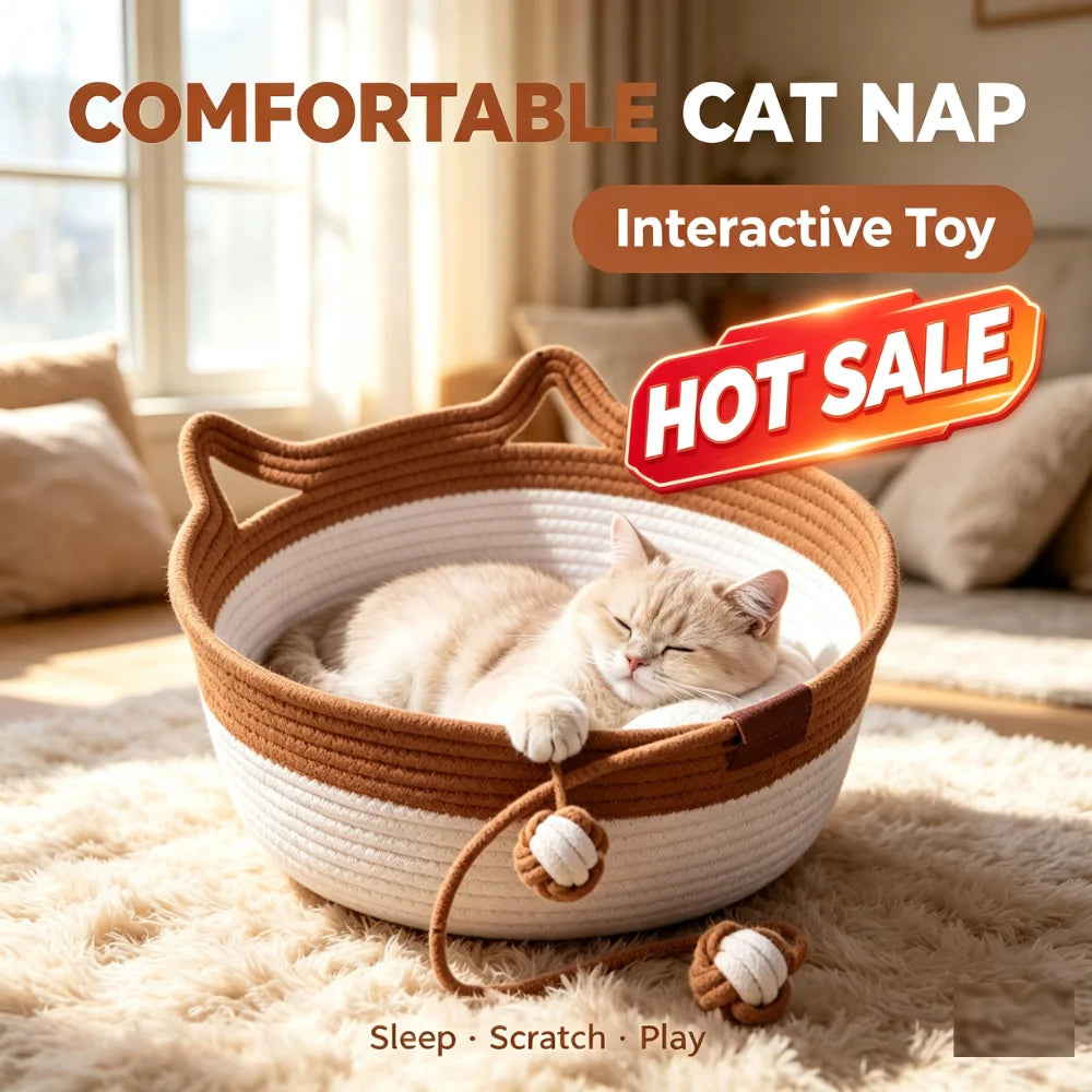 Caramel Handwoven Cat Bed Cotton Rope Basket with Toy Ball Durable Scratchable Resting Nest for Kittens Indoor Cats