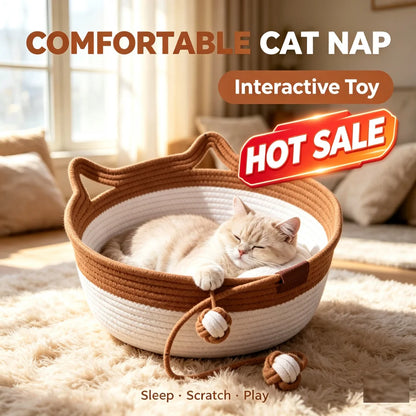 Caramel Handwoven Cat Bed Cotton Rope Basket with Toy Ball Durable Scratchable Resting Nest for Kittens Indoor Cats