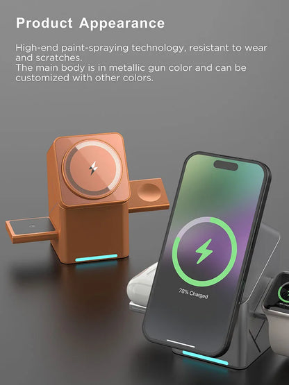 2025 Desktop Portable  Qi2 Phone Wireless Fast Charging Stand Magnetic Foldable 3 in 1 Cube Wireless Charger Dock