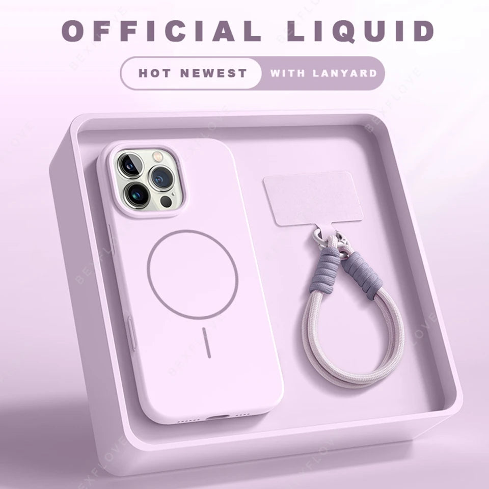 MagSafe Silicone iPhone Case with Lanyard – iPhone 11–16 Pro Max | Magnetic Wireless Charging
