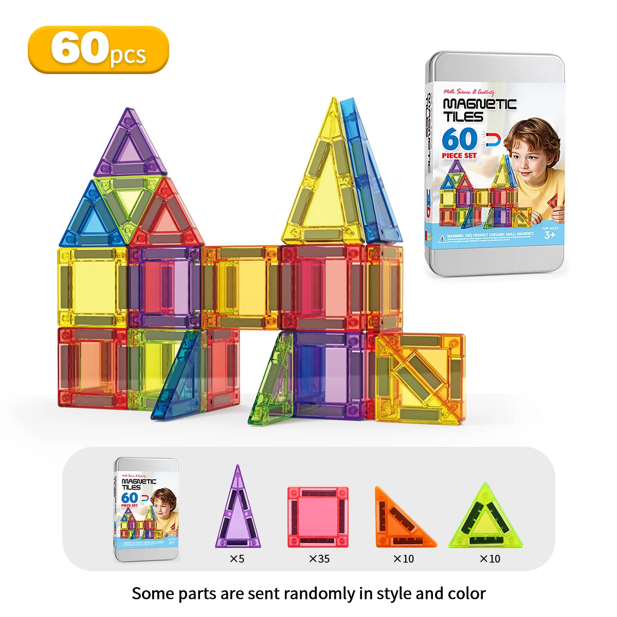3D Magnetic Tiles Building Set - 38/60PCS STEM Construction Blocks with Storage Tin for Kids' Creative Play