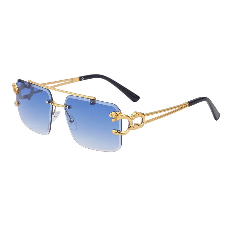 Fashion Metal Leopard Rimless Sunglasses – UV400 Double Bridge Gradient Shades for Men & Women