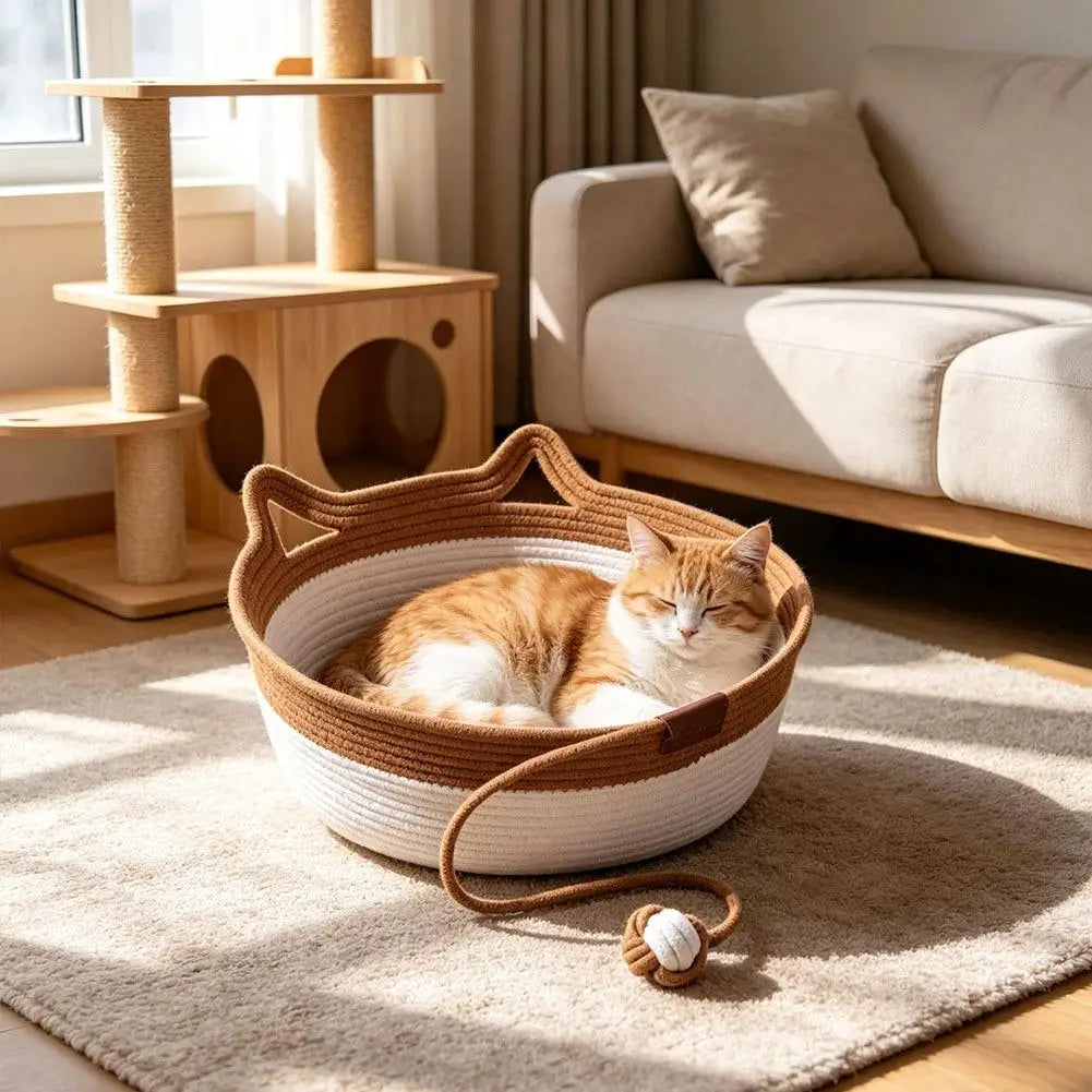 Caramel Handwoven Cat Bed Cotton Rope Basket with Toy Ball Durable Scratchable Resting Nest for Kittens Indoor Cats