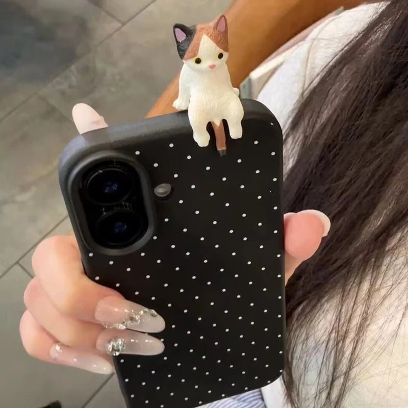Korea Lovely Polka Dot 3D Cat Phone Case – iPhone 17 16 15 14 13 12 Series