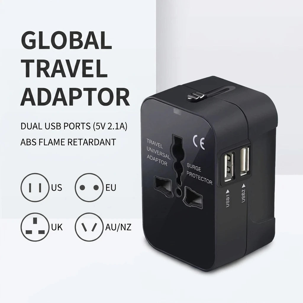 Universal Travel Adapter | Dual USB Ports | UK, EU, US, AU Compatible