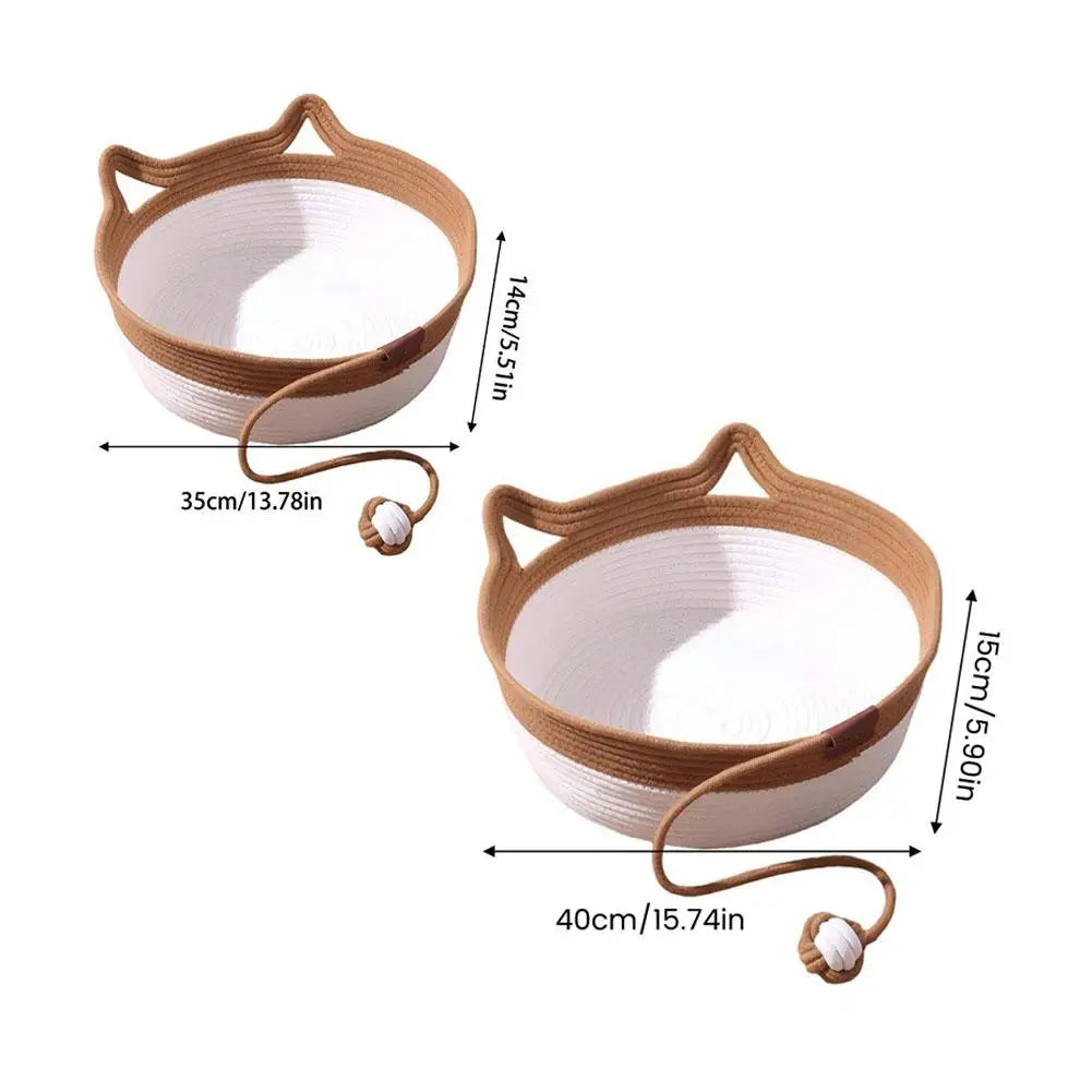 Caramel Handwoven Cat Bed Cotton Rope Basket with Toy Ball Durable Scratchable Resting Nest for Kittens Indoor Cats