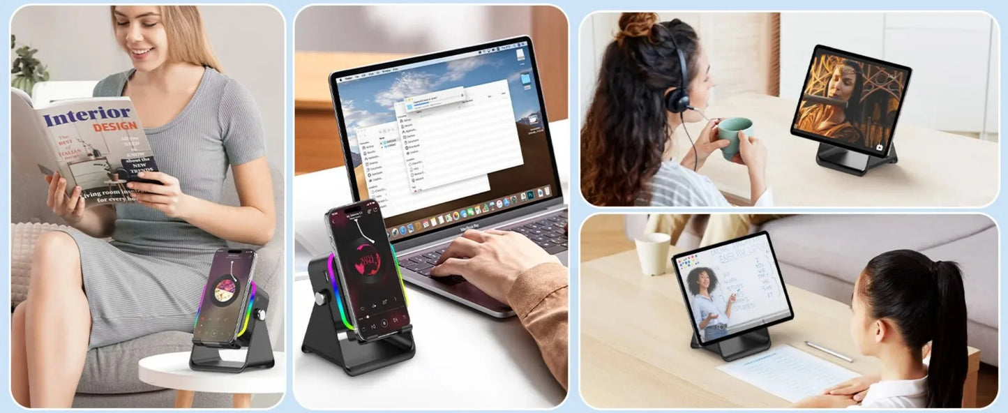 5-in-1 Wireless Induction Speaker & Phone Holder – RGB Lights & HIFI Surround Sound