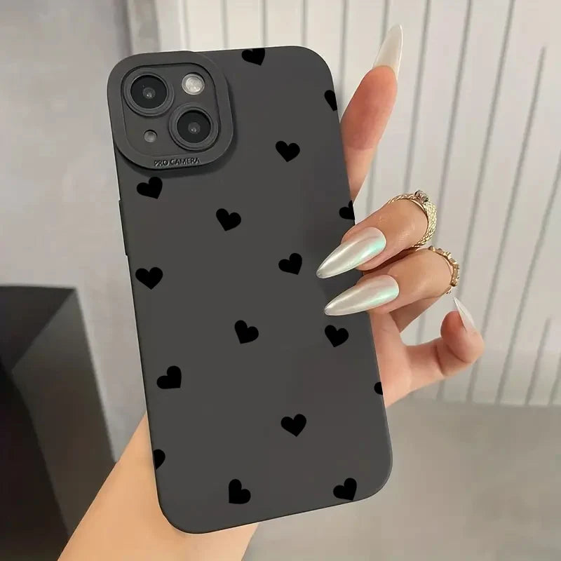 Black Love Heart Phone Case For iPhone 17 16E 16 15 14 11 Pro Max Air 12 13 XS XR X 8 7 Plus SE2 Shockproof Soft Silicone Cover