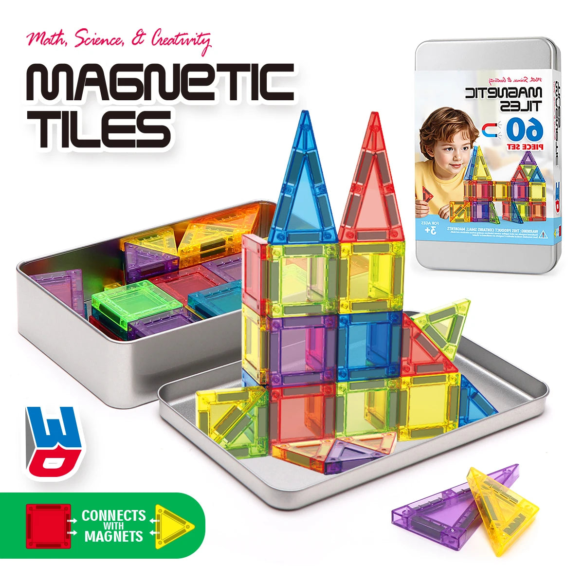 3D Magnetic Tiles Building Set - 38/60PCS STEM Construction Blocks with Storage Tin for Kids' Creative Play