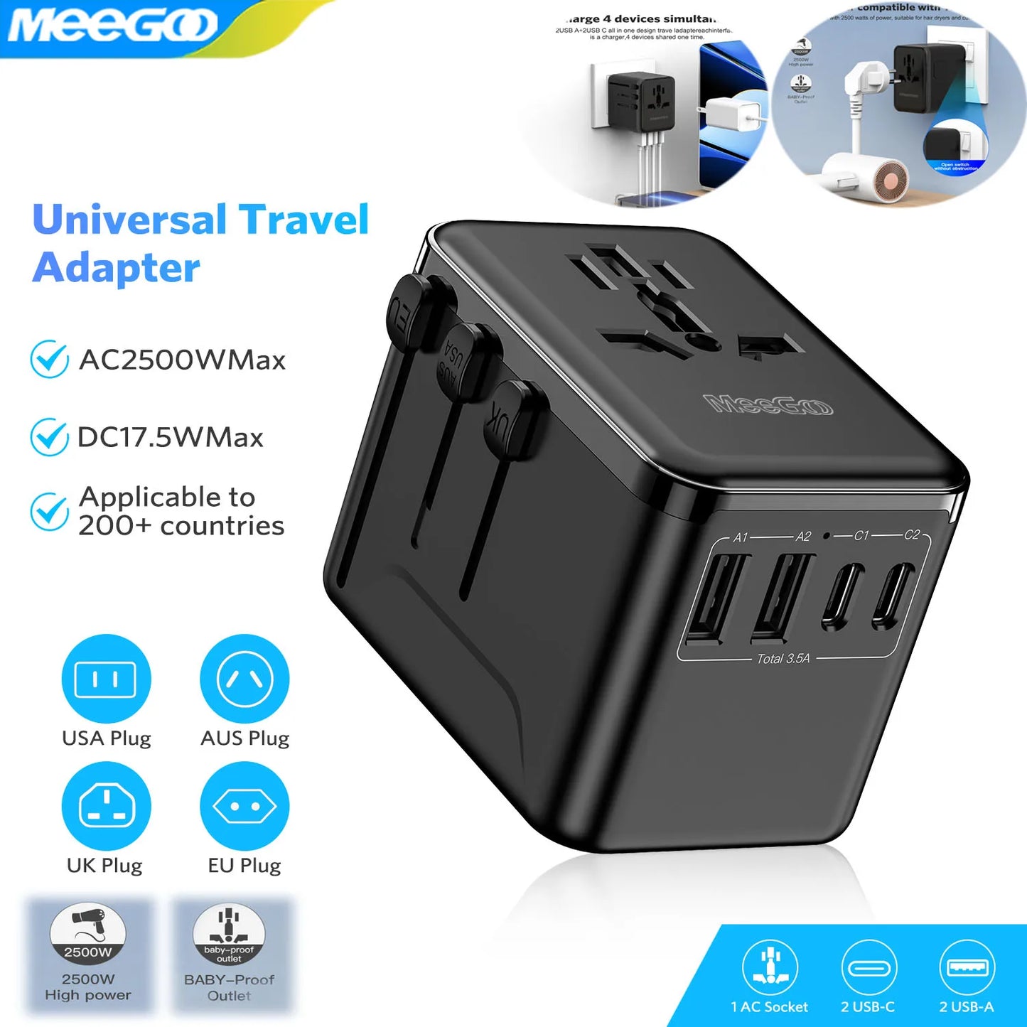 MeeGoo GaN Universal Travel Adapter | 4 Ports | 2500W | EU US JP AU
