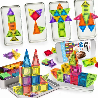 3D Magnetic Tiles Building Set - 38/60PCS STEM Construction Blocks with Storage Tin for Kids' Creative Play