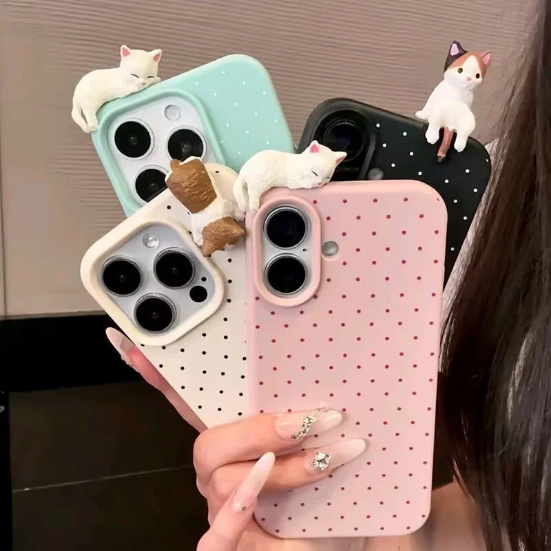 Korea Lovely Polka Dot 3D Cat Phone Case – iPhone 17 16 15 14 13 12 Series