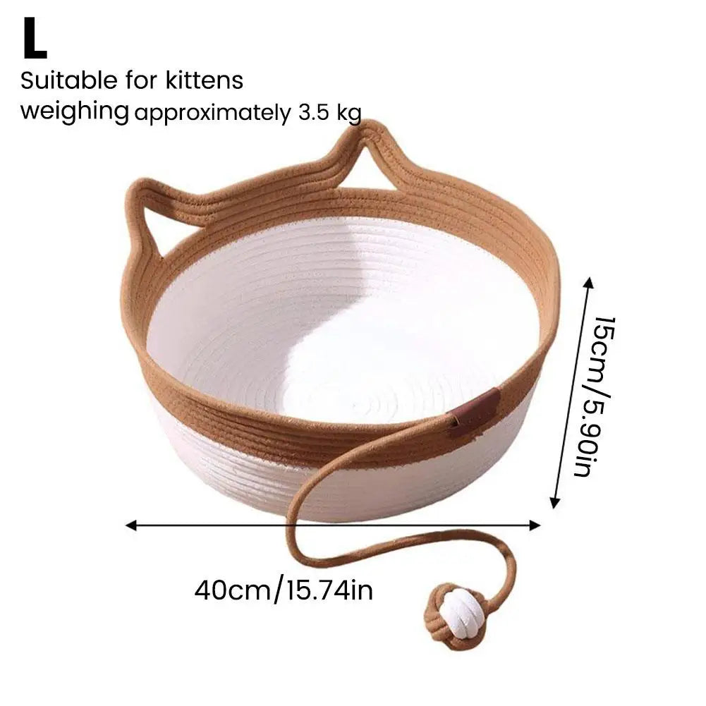 Caramel Handwoven Cat Bed Cotton Rope Basket with Toy Ball Durable Scratchable Resting Nest for Kittens Indoor Cats