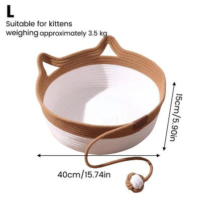 Caramel Handwoven Cat Bed Cotton Rope Basket with Toy Ball Durable Scratchable Resting Nest for Kittens Indoor Cats