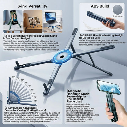 ABS 3 in 1 Portable Magnetic Phone Holder Selfie Multi-functional Stick Foldable Tripod Stand for iPhone iPad Tablet Laptop Desk