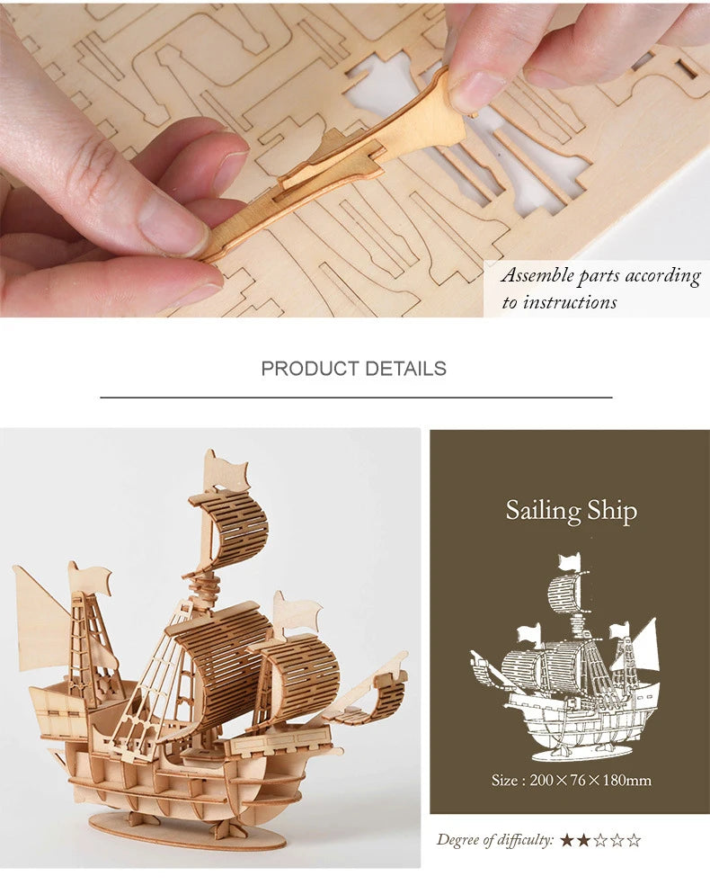DIY 3D Wooden Puzzle for Assembly Puzzle Laser Cutting Sailing Ship Biplane Steam Locomotive Train Toy DIY Kit for