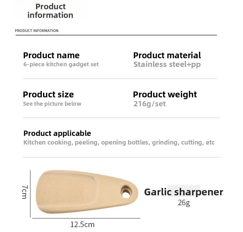 Kitchen Gadget Set – 6-Piece Pizza Knife, Vanilla Cutter, Bottle Opener, Shredder & Garlic Grinder