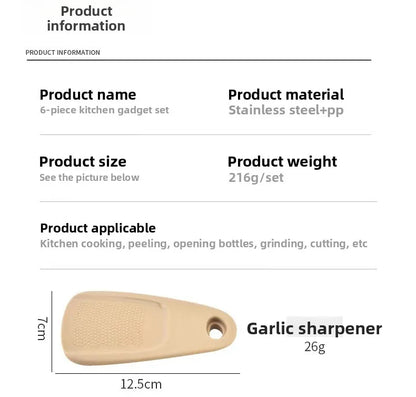 Kitchen Gadget Set – 6-Piece Pizza Knife, Vanilla Cutter, Bottle Opener, Shredder & Garlic Grinder