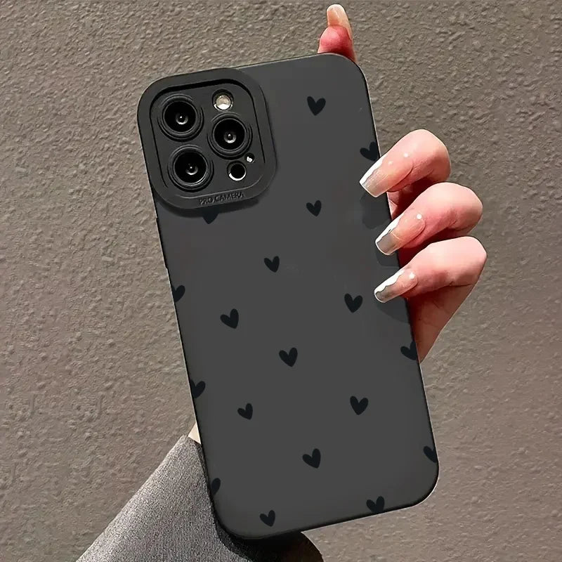 Black Love Heart Phone Case For iPhone 17 16E 16 15 14 11 Pro Max Air 12 13 XS XR X 8 7 Plus SE2 Shockproof Soft Silicone Cover