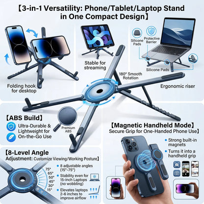ABS 3 in 1 Portable Magnetic Phone Holder Selfie Multi-functional Stick Foldable Tripod Stand for iPhone iPad Tablet Laptop Desk