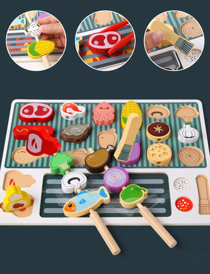 Wooden BBQ Grill Toy Set, Montessori Cooking Experience, Barbecue Simulation Food, Wooden Play House Toys, Gift for Kids