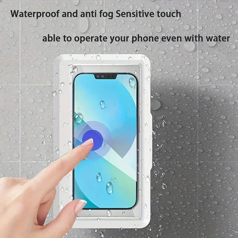 360° Rotating Waterproof Shower Phone Holder – Anti-Fog | Touch-Through | Bathroom Wall Mount