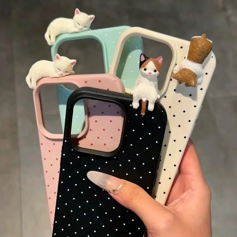 Korea Lovely Polka Dot 3D Cat Phone Case – iPhone 17 16 15 14 13 12 Series