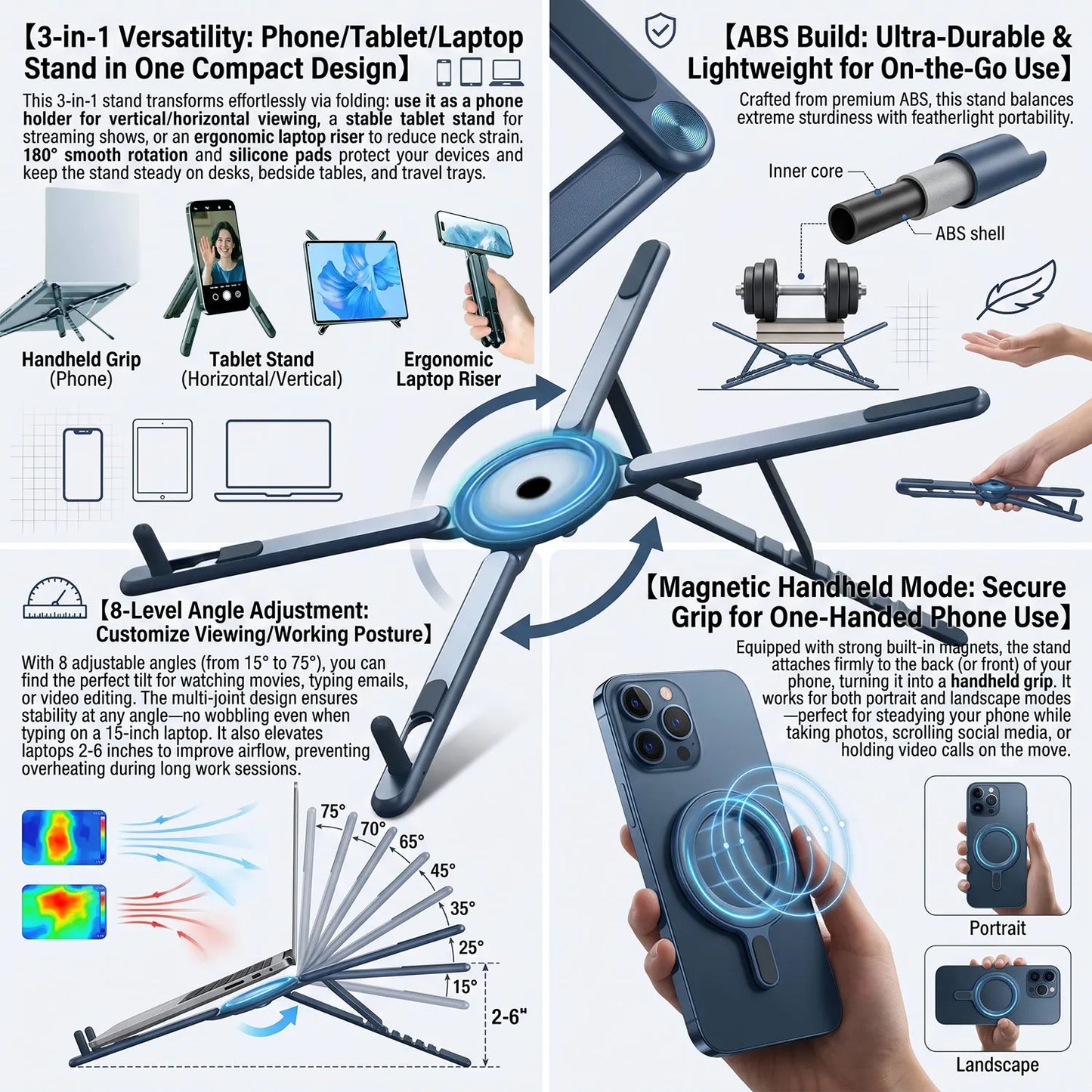 ABS 3 in 1 Portable Magnetic Phone Holder Selfie Multi-functional Stick Foldable Tripod Stand for iPhone iPad Tablet Laptop Desk