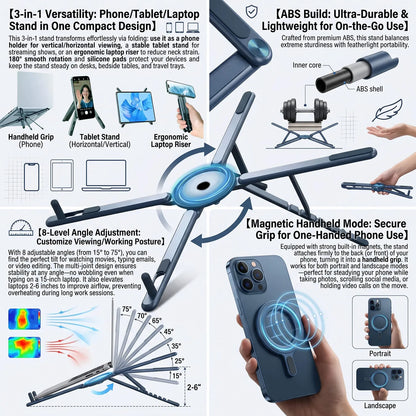 ABS 3 in 1 Portable Magnetic Phone Holder Selfie Multi-functional Stick Foldable Tripod Stand for iPhone iPad Tablet Laptop Desk
